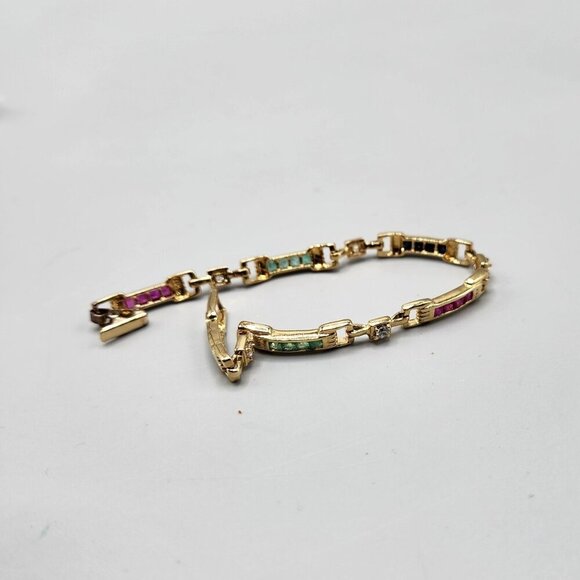 Gemstone Rectangle Link Bracelet Sterling Silver 925 7.5" Pink Green Gold Tone - Picture 1 of 12